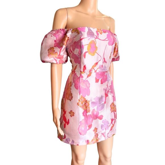 Lulus So Stunning Light Pink Floral Jacquard Puff Sleeve Mini Dress - Picture 3 of 6
